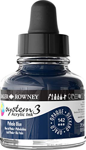 Daler-Rowney System3 Acrylic Ink Bottle Phthalo Blue 29.5ml - Versatile Acrylic Ink for Artists and Students - Opaque Calligraphy Ink for Drawing Illustrating Airbrushing Dip Pen Ink and More