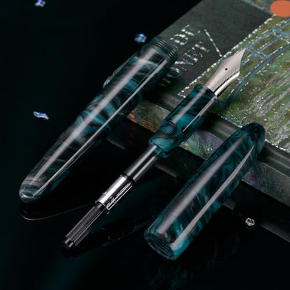 Asvine C80 Fountain Pen #8 Stub 1.1mm Nib Large Handcraft Calligraphy Art Drawing Pen with Converter Pen Case Collection Set (Green Ripple) - color: Green Ripple, style: Stub
