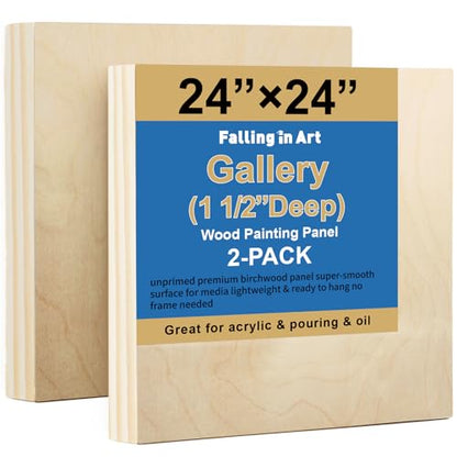 Falling in Art 2 Pack Unfinished Wooden Canvas Panels, 24x24 Gallery Birch Wood Panels Kit, 1 1/2" Deep Art Cradle Boards for Acrylic Painting, Pouring and Burning ﻿ - size: 24*24 2 Pack