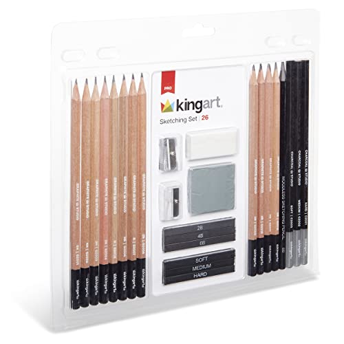 KINGART PRO Artist SKETCHING and DRAWING SET, 26 Pc. Pencils, Charcoal & Graphite Sticks, Erasers, Sharpeners, All Skill Levels, 26 pc.