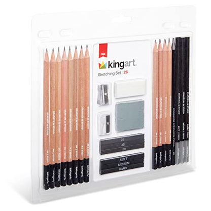 KINGART PRO Artist SKETCHING and DRAWING SET, 26 Pc. Pencils, Charcoal & Graphite Sticks, Erasers, Sharpeners, All Skill Levels, 26 pc.