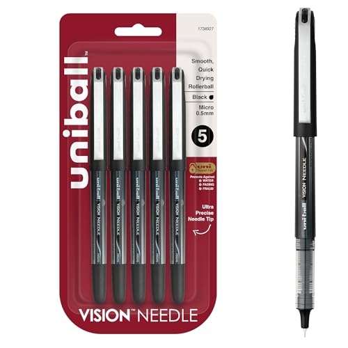 uniball Vision Needle Rollerball Pens, Micro Point (0.5mm), Black, 5 Pack - color: Black, size: 1 Count (Pack of 5), style: Needle Micro