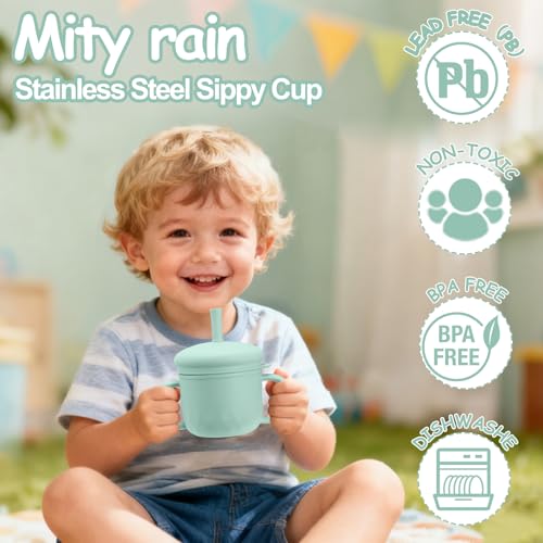Mity rain 3-In-1 Stainless Steel Sippy Cup for 6+ Month Old, Baby Straw Cups for Toddlers 1-3 with Travel Lid, Silicone Straw, Replacement Straw & Cleaning Brush - 8oz Toddler Cups Spill Proof Set - color: Green