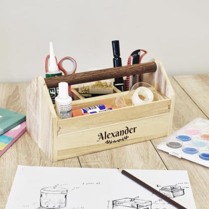 Ikee Design Personalized Custom Engraved Wooden Craft Toolbox Caddy with 5 Compartments | Customize Small Wooden 5-Compartment Craft Tool Box - color: Personalized