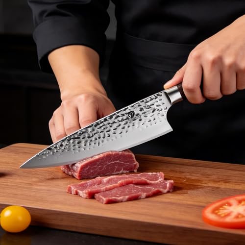 imarku 8 Inch Chef Knife, Hand-Hammered Japanese Kitchen Knife, High Carbon Steel Chef's Knife with Powder Steel Edge, Ultra Sharp Cooking Knife with Ergonomic Handle for Professional & Home Chefs - color: Silver