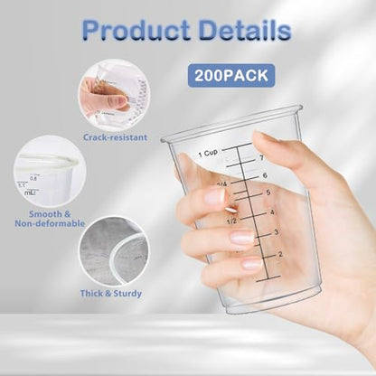 200 Pack Disposable Measuring Cups 8 Oz Plastic Measuring Cups for Liquids Clear Plastic Epoxy Cups Paint Liquid Mixing Cups for Liquid Measuring, Paint Mixing, Baking Supplies