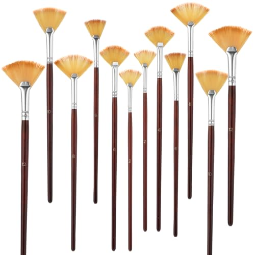 12 Pcs Fan Paint Brushes Artist Painting Brush Set Professional Nylon Hair Fan Brush Wood Handle Paint Brushes Soft Anti-Shedding Wood Short Handle for Acrylic Watercolor Oil Gouache