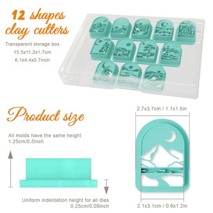 ORIGACH 12 Pcs Mountain Landscape Polymer Clay Cutters,Sun Moon and Scenery Design Clay Cutters for Polymer Clay Jewelry Earrings with a Clear Storage Box - style: Mountain Landscape