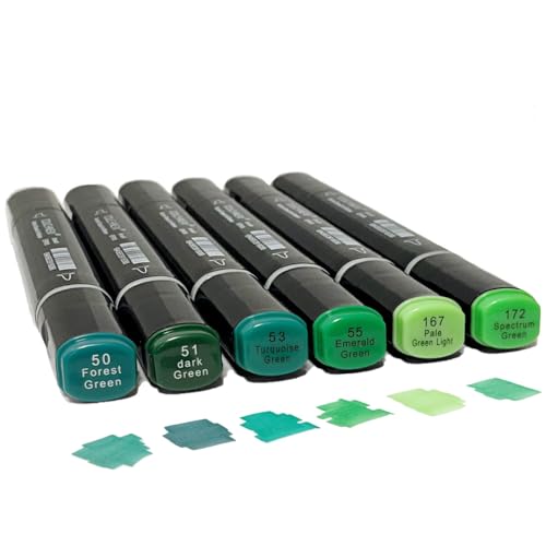 Arhomet 6 Pack Green Alcohol Markers, Double Tipped Soft Fine Tips and Brush Permanent Art Markers for Drawing Sketching Coloring (Green) - color: Green