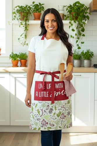 100% Cotton Printed Kitchen Apron with 2 Pockets for Men and Women – Adjustable Chef Apron - Machine Washable - color: Red Spices