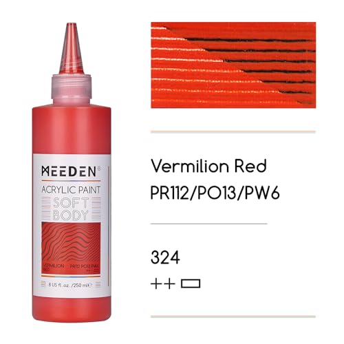 MEEDEN Soft Body Acrylic Paint: Vermilion Hue Matte Finish - 250ml/8.45oz Bulk Acrylic Colors in Ergonomic Bottle - Fluid Flow Art Paints for Artists Canvas Painting - color: Vermilion Hue