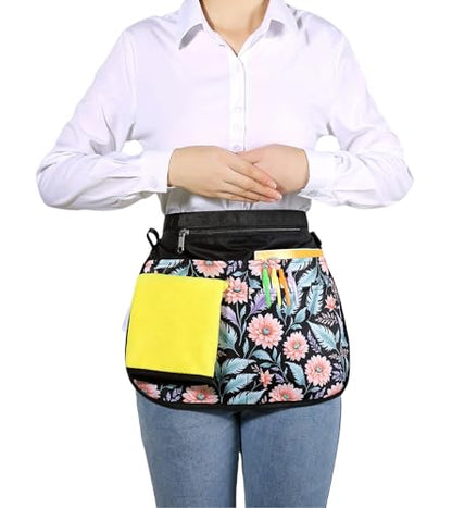 Waterproof Server Apron for Women with 5 Pockets,Quickly Put on and Take off Waitress Aprons,Work Apron for Bartender Barista - color: Pink Flowers