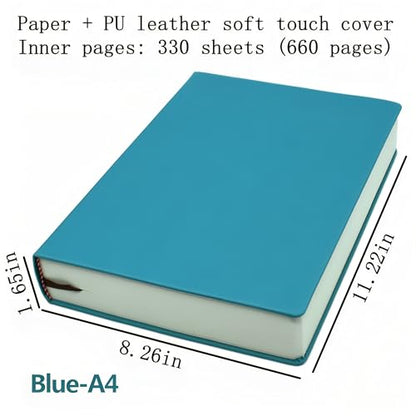 jooact Thick Sketchbook 660 Pages Notebook Soft Faux Leather Cover Journal 80GSM Paper Notepad Drawing Book Memo Writing Sketch Pad Diary Notebook - color: Blue, size: A4