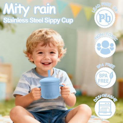 Mity rain 3-In-1 Stainless Steel Sippy Cup for 6+ Month Old, Baby Straw Cups for Toddlers 1-3 with Travel Lid, Silicone Straw, Replacement Straw & Cleaning Brush - 8oz Toddler Cups Spill Proof Set - color: Blue
