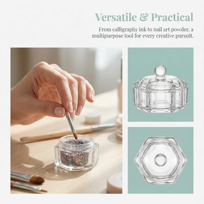 Hexagonal Crystal Glass Pen Cleaning Cup with Lid - 2 Pack Dappen Dish for Nail Art, Calligraphy, Brush and Ink Washing - Artist & Nail Tech Supplies