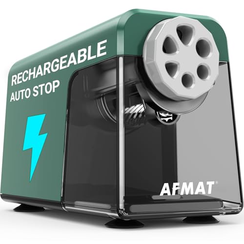 AFMAT 6-Hole Pencil Sharpener for Classroom, Cordless & Rechargeable, Heavy Duty Electric Pencil Sharpener for 6-11mm Colored Pencils, Auto Stop, Super Fast, 10,000+ Sharpenings, Battery Powered, PSD1 - color: Green