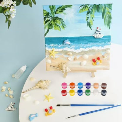 16 Pack Canvas Painting Kit, 8 x 10 inch Canvas and Easel Set Bulk with 12 Colors Acrylic Paint, Brushes, Palettes, Sip and Paint Kit for Adults Beginners Party Supplies