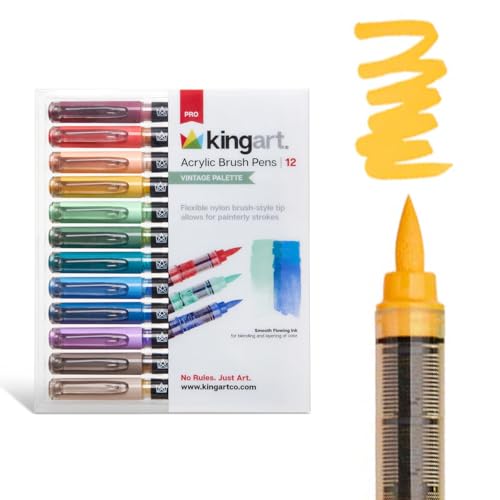 KINGART Acrylic Paint Markers Brush Tip, 12 Vintage Colors. Water-based, no-bleed, waterproof pens with automatic ink control for rock, egg, wood, fabric, glass & DIY crafts - color: Vintage