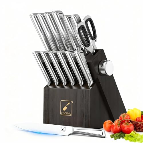 imarku Knife Set with Knife Block, 14-Piece High Carbon Stainless Steel Kitchen Knives with Built-in Sharpener, Dishwasher Safe,Ideal for Home or Wedding Gifts - color: Black/Gray, size: 14 Pcs