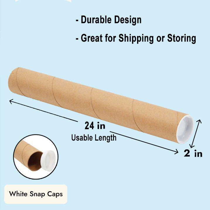 Mailing Tubes with Caps, 2 in x 24 in - 1 Pack - Kraft - for Shipping, Packing, Bulk Round Packaging, Cardboard Mailers, Poster, Art Prints, Maps, Blueprint
