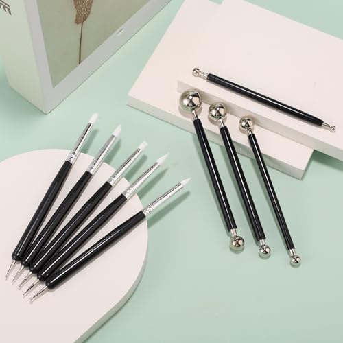 9pcs Silicone Clay Sculpting Tools, Double-Ended Dotting Tools Polymer Clay Pottery & Ceramic Metal Ball Stylus Kit for Embossing Shaping Painting Nail Art DIY Crafts