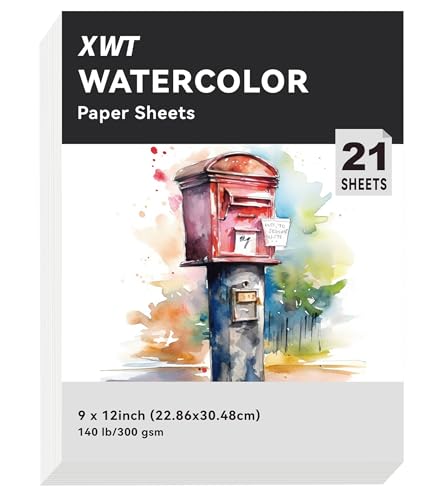 XWT 9"x12" 21 Sheets Watercolor Paper, 140lb/300gsm, Cold Pressed Acid Free Natural White Textured Water Color Painting Art Supplies, Drawing Gift for Professional Adult Artists - size: 9x12in 21 Sheets