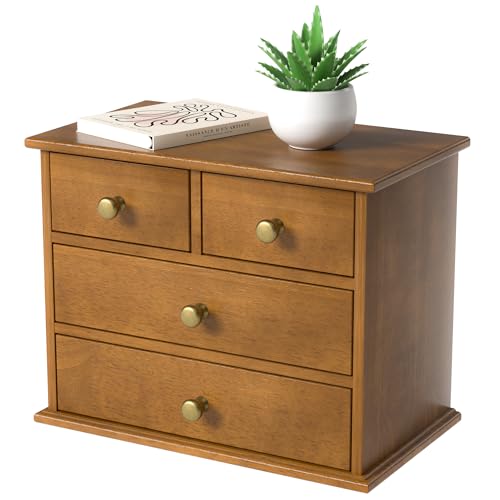 Oak Desk Organizer with Drawers, Durable Wooden Desktop Storage Box with Metal Handles & Non-Slip Silicone Pads, 4 Drawer Tabletop Organizer for Office, Bedroom, Bathroom, Vanity, and Makeup – Walnut - color: Walnut, size: 4 Drawers