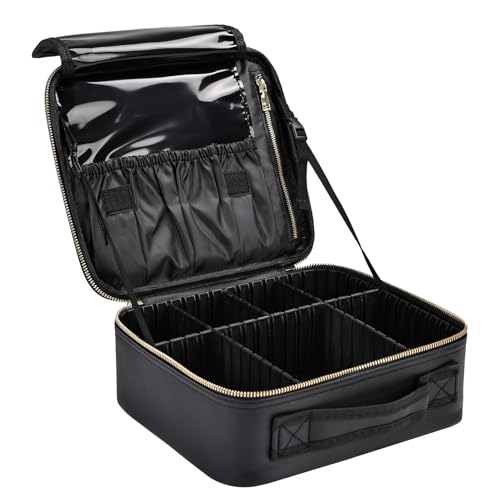 Travel Makeup Bag with Brush Holder, Professional Cosmetic Train Case Organizer for Women, Portable Travel Makeup Brush Carry Case Cosmetic Artist Storage Box with Adjustable Dividers, Leather Black - color: Black Leather, size: Small