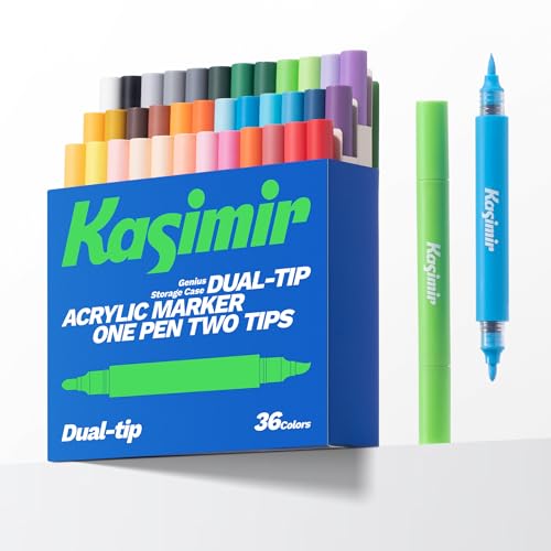 Kasimir Dual-Tip Acrylic Markers Pens - Brush Tip Direct Ink Gel Marker for Art Wood Fabric Glass Rock Multi-Surface, Quick-Dry, Water-Based & Washable 36 Colors - color: 36 Colors