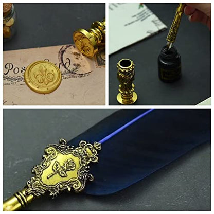 Joyeee Quill Pen Calligraphy Pen Set, Feather Dip Pen Set with Wood Dip Pen, 17 Different Size Comic Pen Nibs, Metal Sealing Wax Stamp and Dip Pen Holder, Wax Seal Sticks, Black Ink, Navy Blue - color: #109 Navy blue