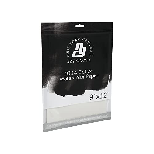 New York Central Watercolor Paper - 9x12-10 Sheets - 140 lb. Cold Press - 100% Cotton, Acid-Free, Archival Quality, Bright White Watercolor Paper Pad for Wet & Dry Media