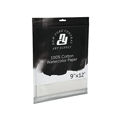 New York Central Watercolor Paper - 9x12-10 Sheets - 140 lb. Cold Press - 100% Cotton, Acid-Free, Archival Quality, Bright White Watercolor Paper Pad for Wet & Dry Media