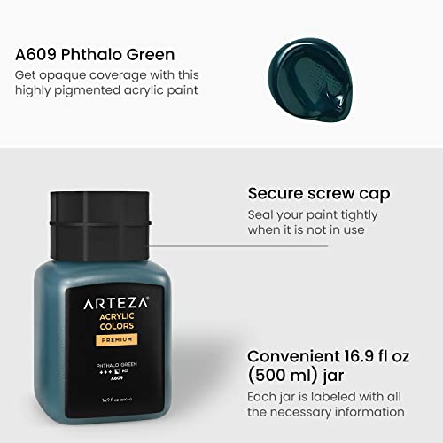 ARTEZA Acrylic Paint, A609 Phthalo Green, 16.9 fl oz, 500ml Jar, Opaque, Quick-Drying, Acrylic Paints for Painting on Canvas, Paper, Wood - color: A609 Phthalo Green, size: 16.9 Fl Oz (Pack of 1)