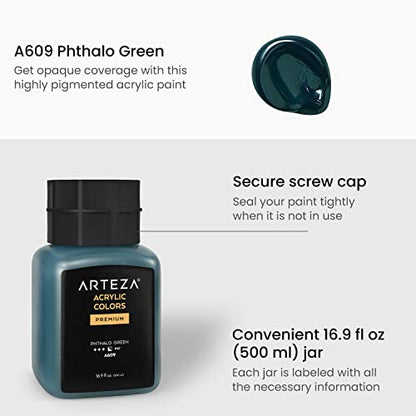 ARTEZA Acrylic Paint, A609 Phthalo Green, 16.9 fl oz, 500ml Jar, Opaque, Quick-Drying, Acrylic Paints for Painting on Canvas, Paper, Wood - color: A609 Phthalo Green, size: 16.9 Fl Oz (Pack of 1)