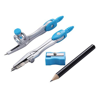 Unjoo Math Geometry Kit Sets 10 Piece Student Supplies with Shatterproof Storage Box,Includes Rulers,Protractor,Compass,Eraser,Pencil Sharpener,Lead Refills,Pencil,for Drafting and Drawings（Blue） - color: Blue