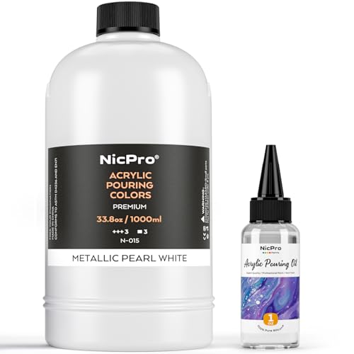 Nicpro White Metallic Pearl Color Acrylic Pour Paint, 33.8 Ounce Pre-Mixed Pouring Paint Supplies with Silicone Pour Oil, Gloves for Canvas, Rock, Wood Cell Creation Flow DIY Art Painting, Ready to Pour - color: 33.8oz-metallic white