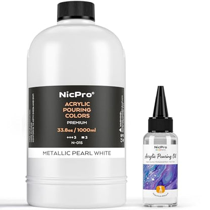 Nicpro White Metallic Pearl Color Acrylic Pour Paint, 33.8 Ounce Pre-Mixed Pouring Paint Supplies with Silicone Pour Oil, Gloves for Canvas, Rock, Wood Cell Creation Flow DIY Art Painting, Ready to Pour - color: 33.8oz-metallic white