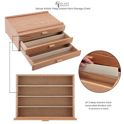 HG Art Concepts Artists Storage Chests - Premium Studio Organizer for Paint Tubes, Brushes, Pencils, Markers, & More! - Deluxe 3 Drawer - size: 3 Drawer Deluxe