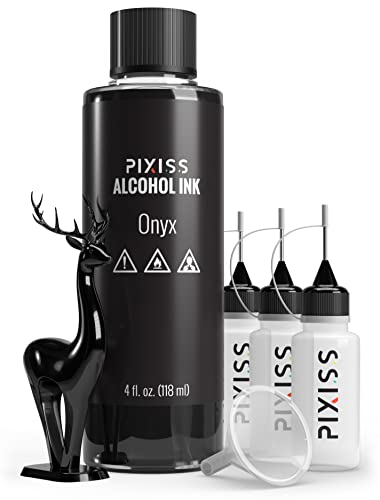 Black Alcohol Ink Extra Large 4oz - Alcohol Ink Onyx Black Color for Epoxy Resin, Tumblers, Resin Art, Ink Paper, Black Pigment Ink, 3 Pixiss Needle Tip Applicator Bottles and Funnel