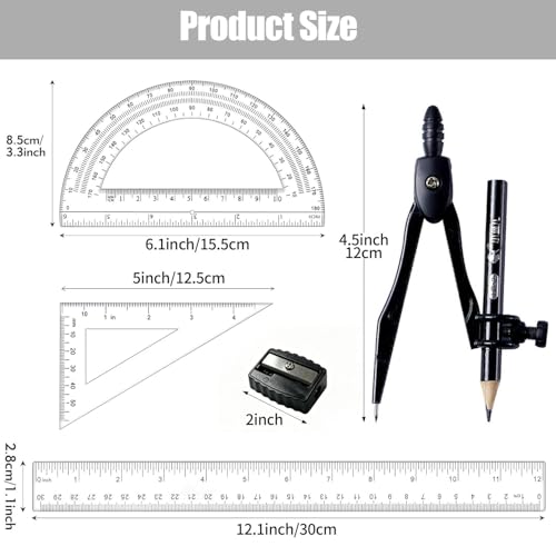 6 Pcs Plastic Geometry Math Set, 12 Inch Ruler, Compass, Sharpener, Pencil,Protractor & Square for Student School Office