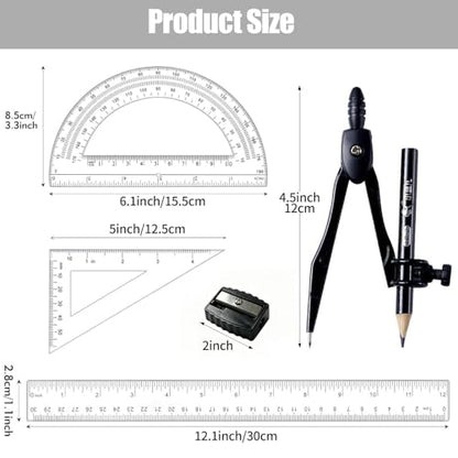6 Pcs Plastic Geometry Math Set, 12 Inch Ruler, Compass, Sharpener, Pencil,Protractor & Square for Student School Office