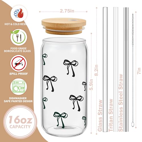 BIPEDS Cute Black Bow Glass Cup with Lid and Straws, Iced Coffee Smoothie Matcha Cup Tumbler, Birthday Gifts for Women Coffee Lover Teenage 13 14 15 16 17 18 19 years old Teen Girl Gifts Trendy Stuff - color: 04-Bow-Black