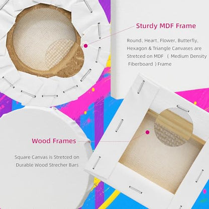24-Pack 10cm (4") Mini Canvas for Kids, 100% Cotton Acid-Free Stretched Canvases with Easel for Painting, 5/8 Inch Profile 8 Ounce Shaped Canvas for Acrylics,Oils Paints, Perfect for Painting Party - size: 4" Canvas with 3.5x6.3" Easel Set - 24Pack