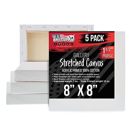 U.S. Art Supply Square Stretched Canvas for Painting 8x8 inch Gallery Depth 1-1/2" Thick, 5-Pack - 12oz Acrylic Gesso Triple Primed, Professional Artist Quality, 100% Cotton - Pouring, Oil Paint - size: 8" x 8"