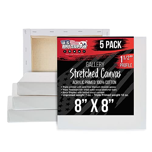 U.S. Art Supply Square Stretched Canvas for Painting 8x8 inch Gallery Depth 1-1/2" Thick, 5-Pack - 12oz Acrylic Gesso Triple Primed, Professional Artist Quality, 100% Cotton - Pouring, Oil Paint - size: 8" x 8"