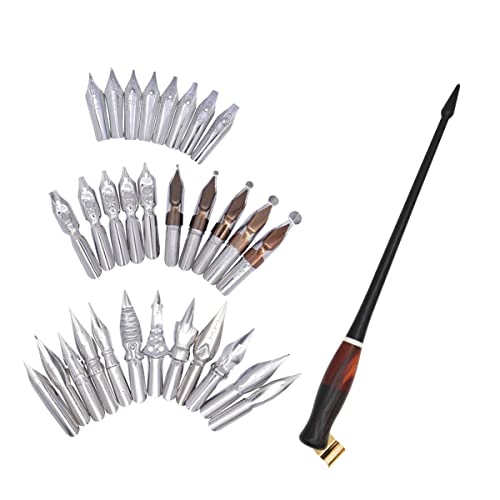 Calligraphy Oblique Dip Pen Holder Set, Wooden Pen Handle with 30 Stainless Steel Manga Pen Nibs for English Calligraphy Drawing Comic, Black - color: Black