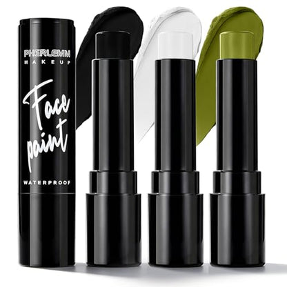 Black White Olive Green Face Paint Sticks Waterproof Eye Black Smooth Smudge-proof Body Paint High Pigment for Sports Event Halloween SFX Makeup Camo Hunter Jungle Warrior Looks - color: Black White Olive Green