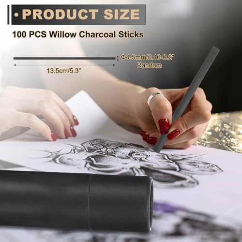 MECCANIXITY 100Pcs Willow Charcoal Sticks, 4-5mm Willow Charcoal Pencils Soft Sketch Vine Art Supplies Set for Drawing Sketching Shading Painting Artists Beginners