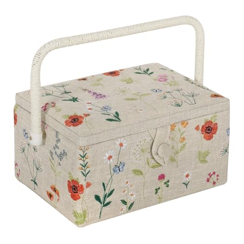 Hobby Gift Medium Sewing Box Organiser, Fabric Covered Storage Box with Handle, Internal Tray, Pin Cushion and Pocket for Sewing, Quilting and Knitting Supplies - color: Wild Flower