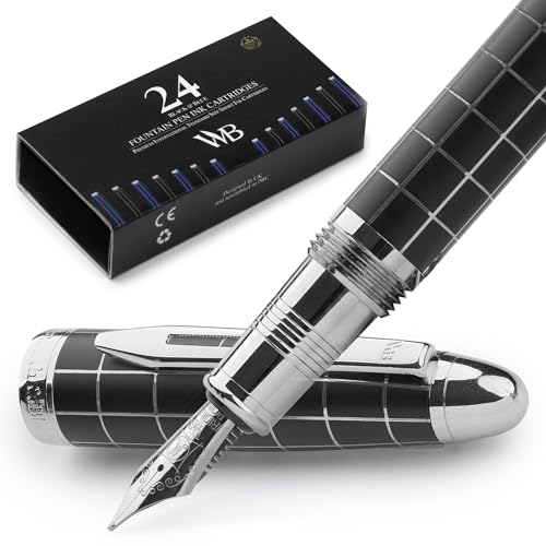 Wordsworth & Black Majesti Luxury Fountain Pen Set for Writing, Medium Nib | Checked, Gift for Men Women, Chrome Finish, 18K German Iridium, Calligraphy, Converter + 24 Ink Cartridges, Refillable - color: Checked Chrome, style: Medium Nib